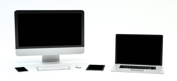 Modern computer laptop mobile phone and tablet 3D rendering - Фото, изображение