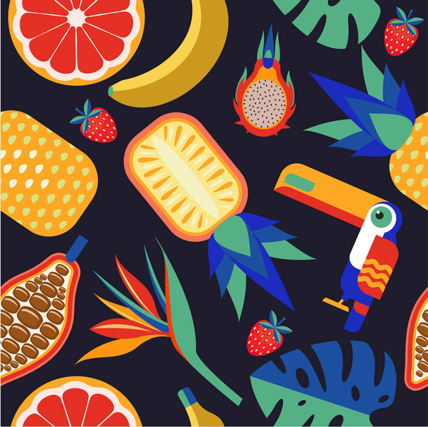 Seamless tropical pattern. Vector pattern with tropical palm leaves, exotic fruit and birds. - Vector, Image