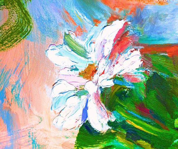 Texture of oil paintings, flowers, painting fragment of painted color image, wallpaper and backgrounds, for backgrounds and textures floral pattern in oil on canvas - Photo, Image