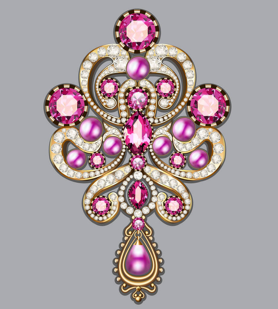 Illustration  brooch pendant with  and precious stones. Filigree - Vetor, Imagem