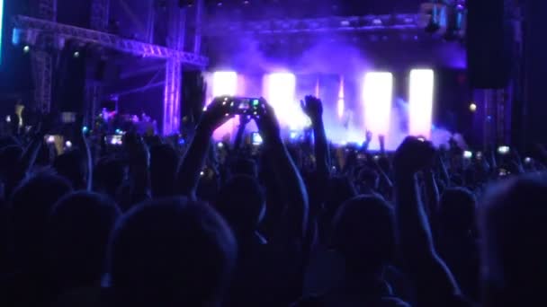 Gelukkig publiek springen en verhogen hun handen in de lucht op groep rockconcert - Video
