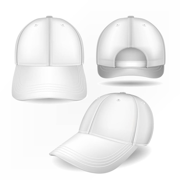Cap mockup in front, side and back views. Vector template. Fully editable handmade mesh. Realistic hat set used for advertising labels, logo, emblem design or textile goods, for websites. - Vector, Image