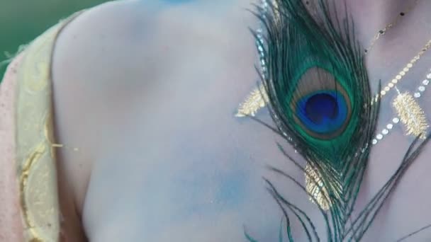 Retrato de imagen de peahen mirando a cámara y cosquillas con plumas. Despacio.
 - Metraje, vídeo