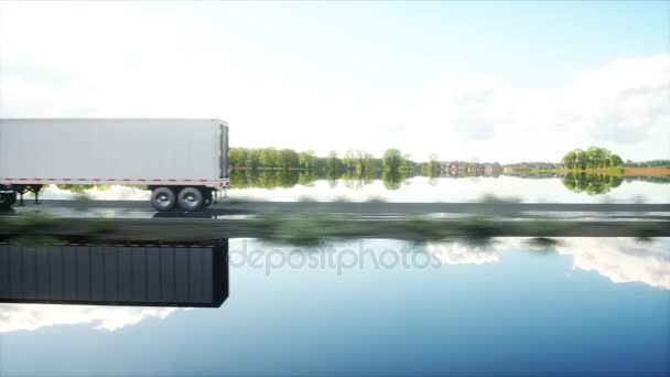 Naczepa, ciężarówka na drodze, autostrady. Transporty, koncepcja logistyczna. 4 k realistycznych animacji. - Materiał filmowy, wideo