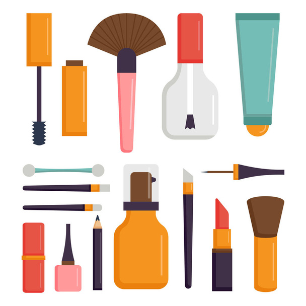 Iconos de maquillaje perfume rímel cuidado cepillos peine cara sombra de ojos glamour hembra accesorio vector
. - Vector, Imagen