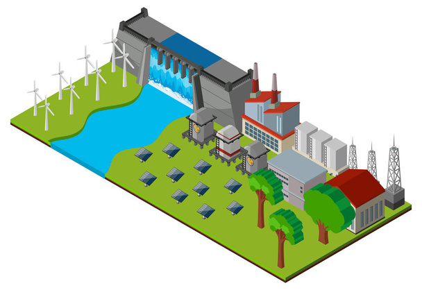 Staudamm und Kraftwerk in 3D-Ausführung - Vektor, Bild