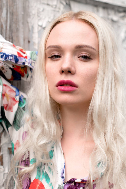 Young european blond woman outdoors portrait. Bright white colors. - Zdjęcie, obraz