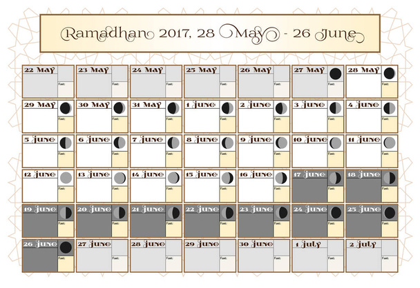 Ramadán kalendář na rok 2017, 28. Zkontrolujte datum volby. Zahrnuje: půst klíště kalendář, měsíc cyklus - fáze, 30 dnů ramadánu na bílém pozadí s islámským vzorem. Vektorové ilustrace. - Vektor, obrázek