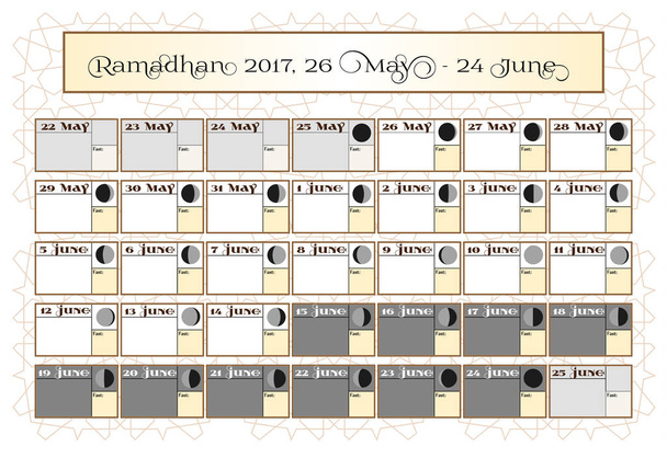 Kalendarz Ramadan 2017, 26 maja. Sprawdź wybór daty. Zawiera: na czczo zaznacz kalendarz, księżyc cykl - faz, 30 dni Ramadanu na białym tle z islamskim wzór. Ilustracja wektorowa. - Wektor, obraz