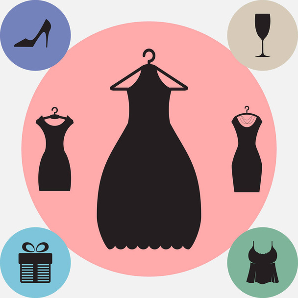 Εικονίδιο πάρτι μόδας φόρεμα ή σιλουέτα με κρεμάστρα απομονωμένες - Διάνυσμα, εικόνα