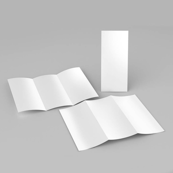 Φυλλάδιο Τρι πτυχή ομοίωμα λευκό κενό για σχεδιασμό πρότυπο 3d καθιστούν εικονογράφηση. - Φωτογραφία, εικόνα