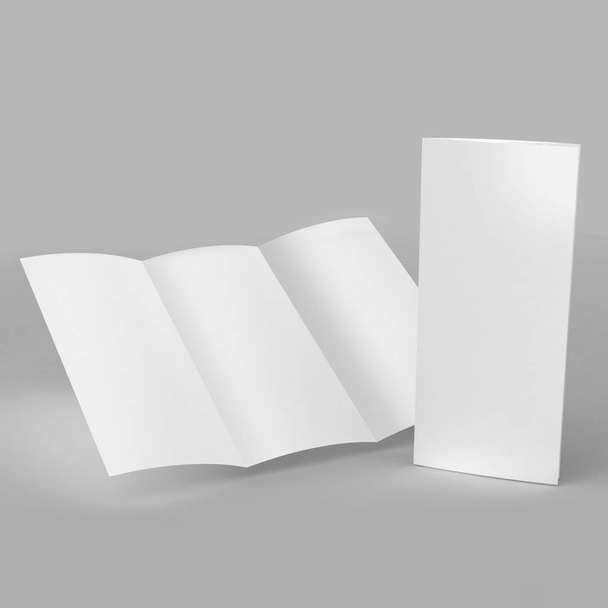 Φυλλάδιο Τρι πτυχή ομοίωμα λευκό κενό για σχεδιασμό πρότυπο 3d καθιστούν εικονογράφηση. - Φωτογραφία, εικόνα