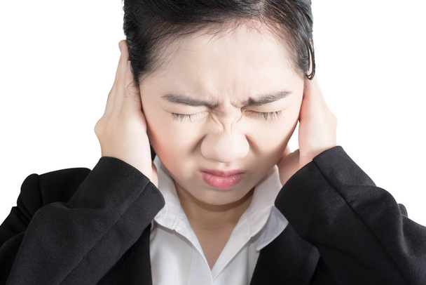 Headache symptom in a businesswoman isolated on white background. Clipping path on white background. - Photo, Image