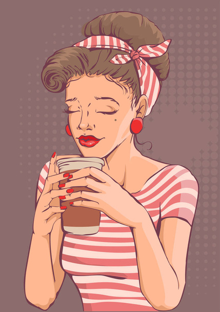 Beautiful young woman holding paper cup of coffee - Vector, Image