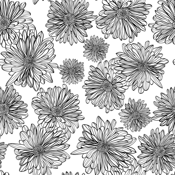 black and white background with outline hand drawn chamomiles fl - Вектор,изображение
