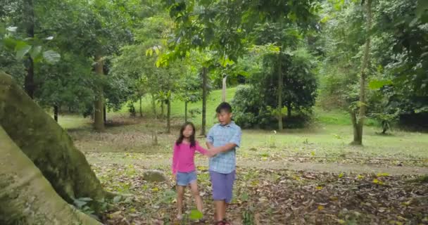  Boy and his sister walking around tree - Imágenes, Vídeo