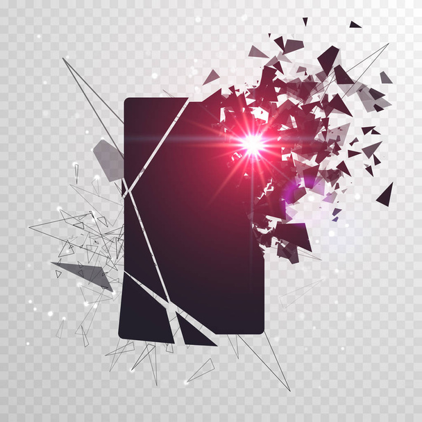Cracked phone screen shatters into pieces. Broken smartphone split by the explosion. Display of the phone shattered. Modern gadget needs to be repaired. - Vector, Image