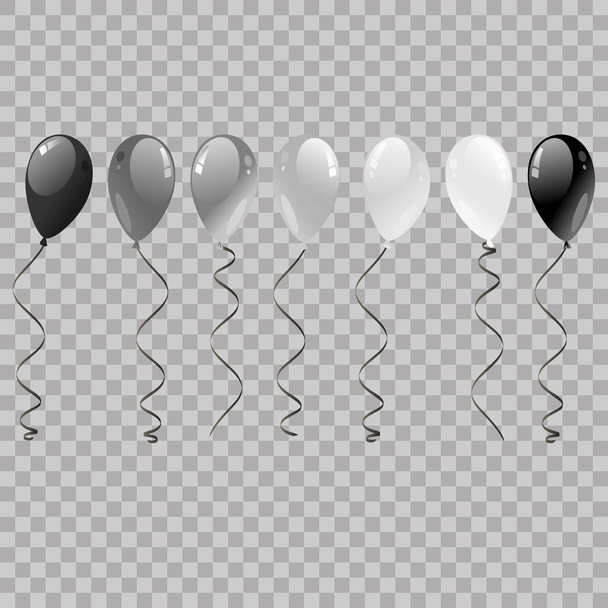 Set of silver, black, white with confetti helium balloons isolated in the air. Balloons Flying for Party and Celebrations on transparent Background. Realistic helium vector. - Vector, Image