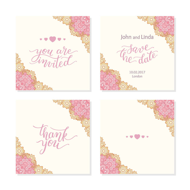 Wedding set template with flowers and hand lettering. - Vector, Image