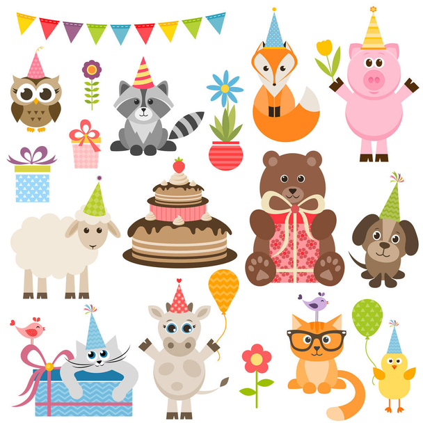 joukko erilaisia eläimiä syntymäpäiväjuhliin
 - Vektori, kuva