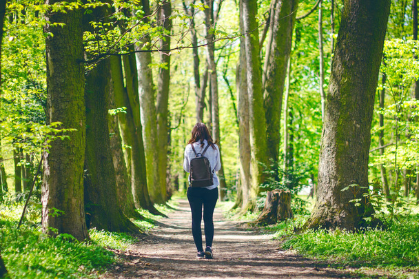 Young woman take a photo on a pathway in the forest. Beautiful woman with bag. Nature. Deciduous trees. Spring time. Pleasure weather and sun light - Foto, Imagen