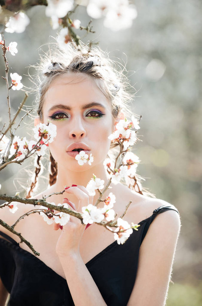 cherry tree spring blossom and beautiful girl in flowers - Photo, Image