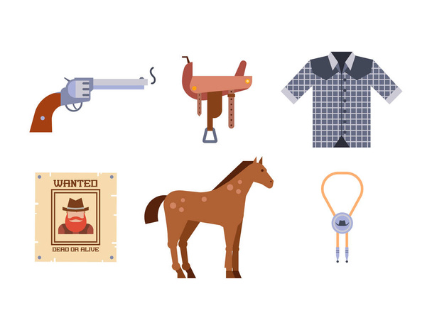 Wilde westen elementen instellen pictogrammen cowboy rodeo apparatuur en verschillende accessoires vector illustratie. - Vector, afbeelding
