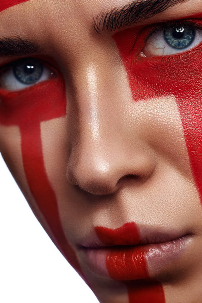 Beauty female Model with tribal red Stripes - Fotoğraf, Görsel