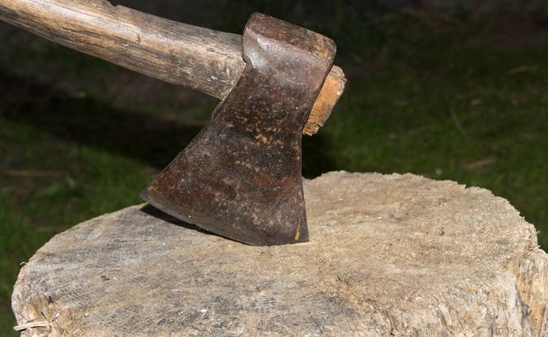 Old axe on a tree stump for chopping firewood. - Foto, imagen