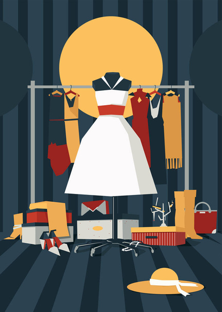 Fashion vector illustration with interior full of mess of bags, shoe boxes, shoes, accessories and dresses. Hanger with dresses on stripe background. White fluffy dress on mannequin on foreground. - Vector, Image