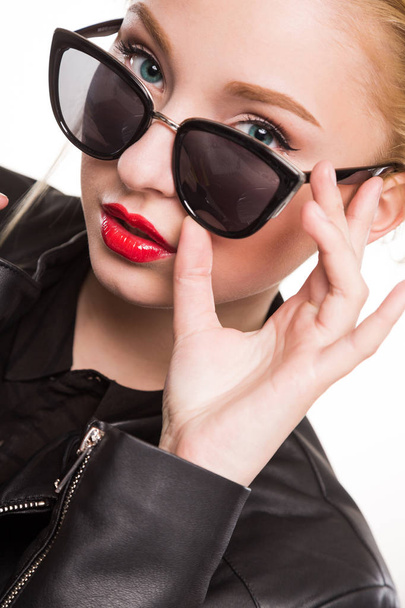 blonde girl in leather jacket - Foto, Imagem