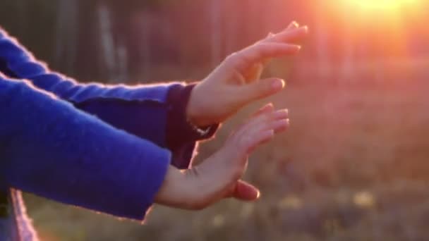 Ženské ruce Make Wave-Like pohyb, tanec na rozmazané přírodní pozadí zblízka - Záběry, video
