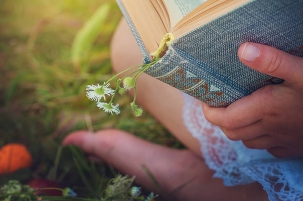 Το βιβλίο βρίσκεται στα χέρια ενός παιδιού κορίτσι  - Φωτογραφία, εικόνα