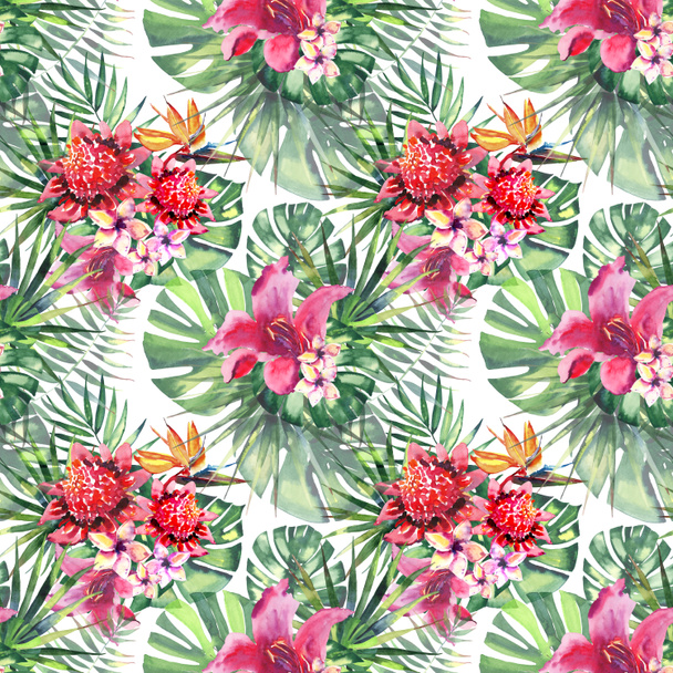 Linda brilhante lindo colorido tropical hawaii floral herbal verão padrão de flores tropicais hibisco orquídeas e palmas folhas aquarela mão esboço
 - Foto, Imagem