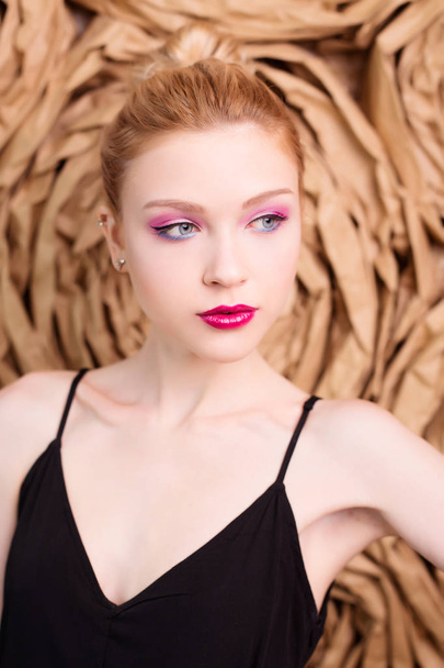 Portrait of girl with pink make up in studio - Foto, Imagem