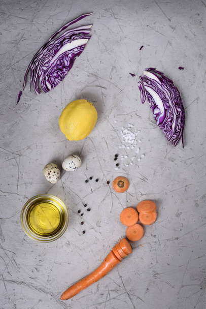 Clean eating ingredients over grey concrete background, top view.  Variety of vegetables,  spices, superfood, condiment for vegan, raw diet or gluten free diet. - Fotoğraf, Görsel