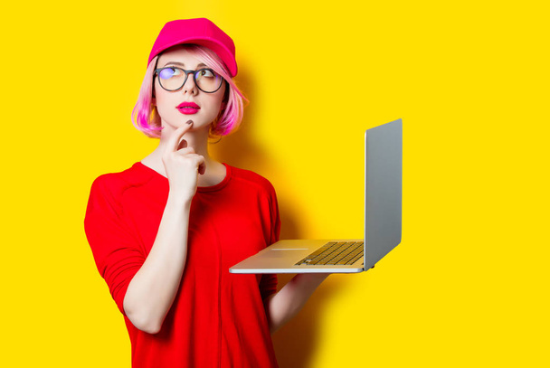 young woman holding laptop - Photo, Image