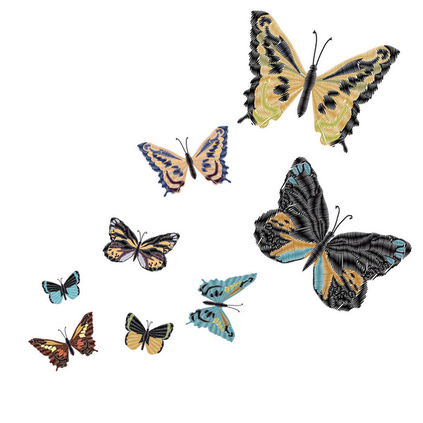 vlinders, vector illustratie, witte achtergrond, borduurwerk, vector, textuur, geïsoleerd, design, achtergrond, vleugels, insect - Vector, afbeelding