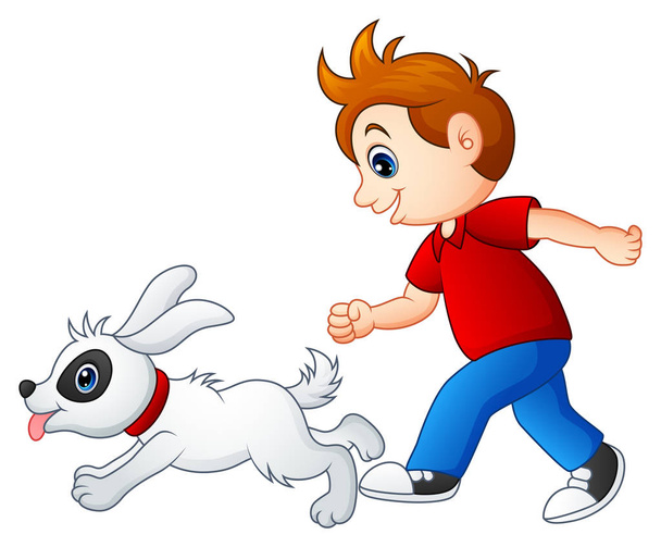 Cartoon boy playing with his pet - Vector, Image