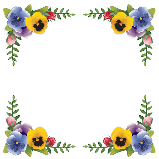Flower Frame, Pansies and Rosebuds - Vector, Image