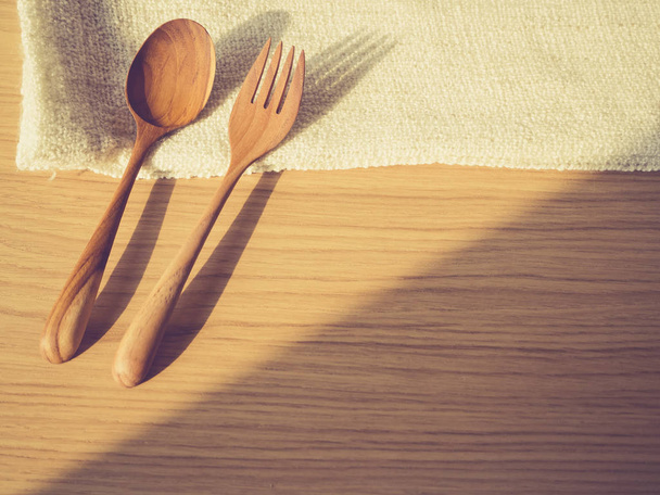 Fork and Spoon on wooden table Background - Foto, Bild