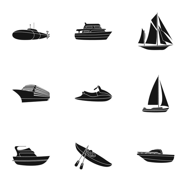 Seeverkehr, Boote, Schiffe. Menschen zu transportieren, Gewitter. Schiffs- und Wassertransport-Ikone in Set-Kollektion auf schwarzem Vektor-Symbol. - Vektor, Bild