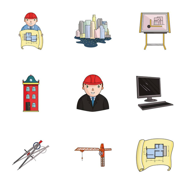 A set of icons on the theme of construction and architects. Builders, architects, and subjects for construction . Architect icon in set collection on cartoon style vector symbol stock illustration. - Vector, Image