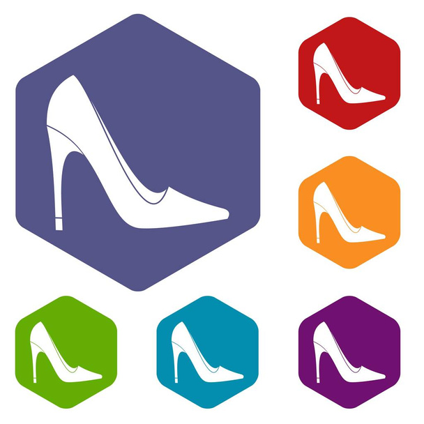 High heel shoe icons set hexagon - Vector, Imagen