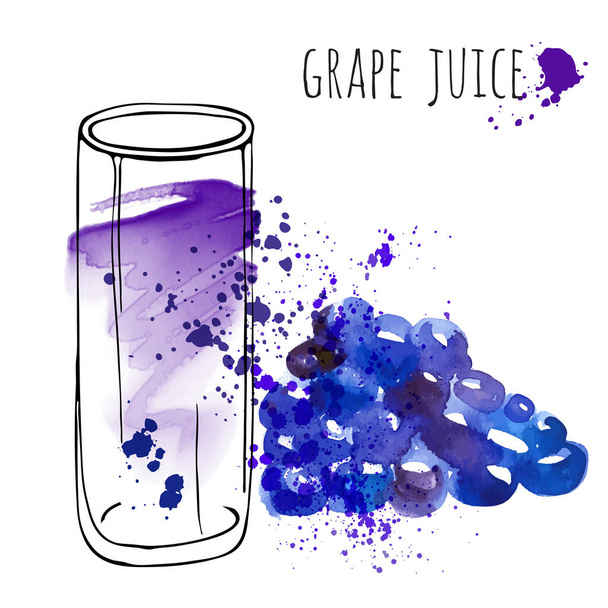 Grape juice in glass and grapevine vector illustration. Watercolor sketch about grape drink and fresh juice. Hand draw glass and health grapes drink. - Vector, imagen