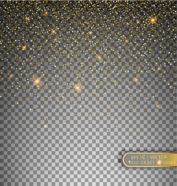 Ilustración festiva vectorial de partículas brillantes que caen y estrellas aisladas sobre fondo transparente. Golden Confetti Glitters. Textura brillante. Elemento de oropel decorativo para vacaciones de diseño
. - Vector, Imagen