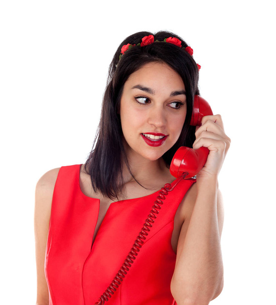 mujer hablando por vintage rojo teléfono
 - Foto, Imagen