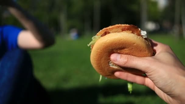 男と少女は、ファーストフードを食べて、芝生の上。彼らは互いからハンバーガーをかみ切る。ぼやけた街の背景 - 映像、動画