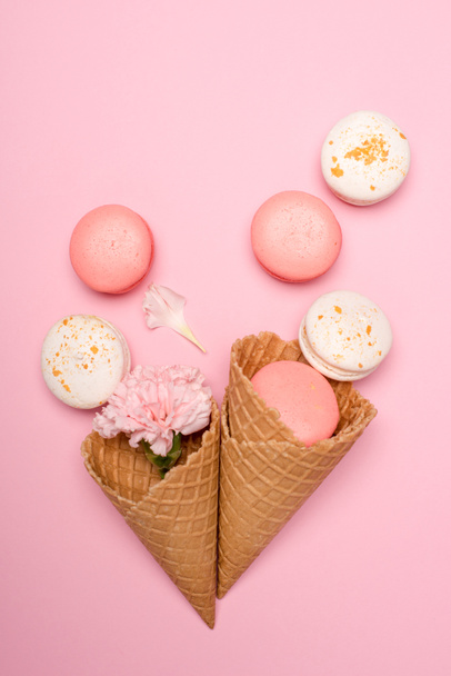 Fresh macarons in waffle cones - Photo, Image