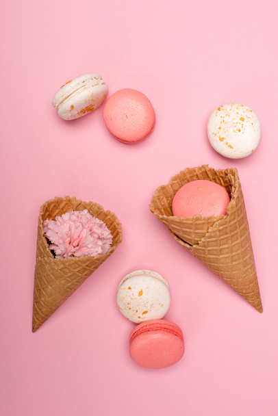 Fresh macarons in waffle cones  - Photo, image